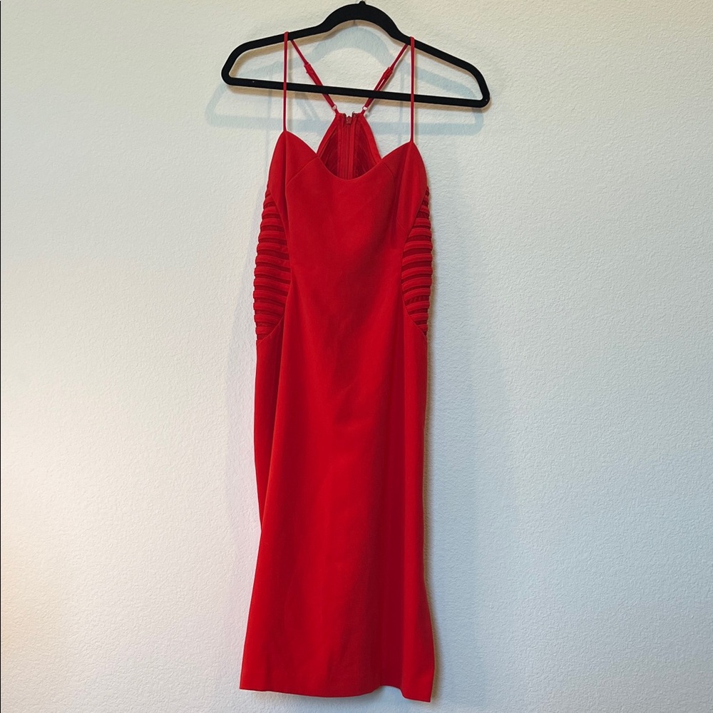 Halston Heritage Red Midi Sheath Dress with Sheer Side Panels